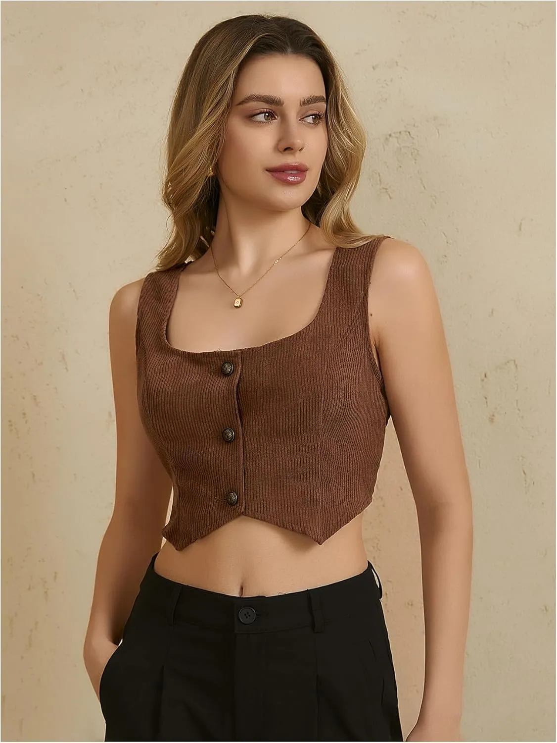 MakeMeChic Women's Corset Suit Vest Corduroy Sleeveless Scoop Neck Crop Vest Blazer Jacket