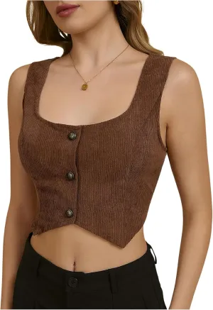 MakeMeChic Women's Corset Suit Vest Corduroy Sleeveless Scoop Neck Crop Vest Blazer Jacket