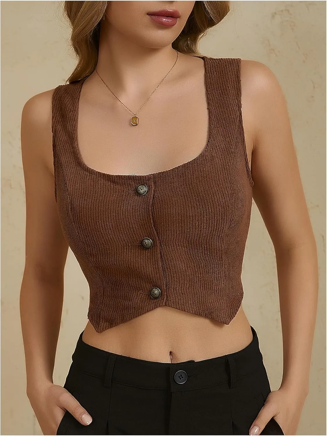 MakeMeChic Women's Corset Suit Vest Corduroy Sleeveless Scoop Neck Crop Vest Blazer Jacket