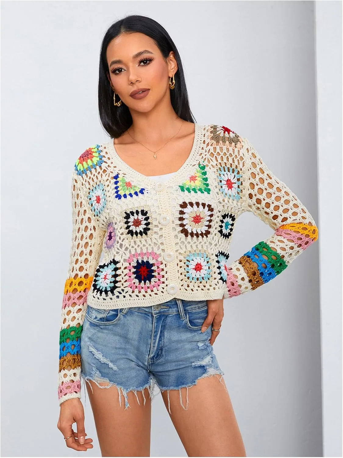 MakeMeChic Women's Floral Crochet Cardigan Sweater V Neck Button Down Long Sleeve Sheer Knitwear