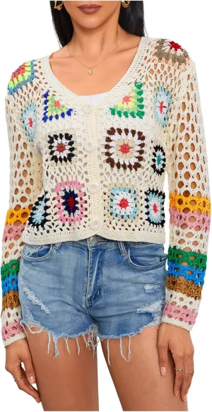 MakeMeChic Women's Floral Crochet Cardigan Sweater V Neck Button Down Long Sleeve Sheer Knitwear
