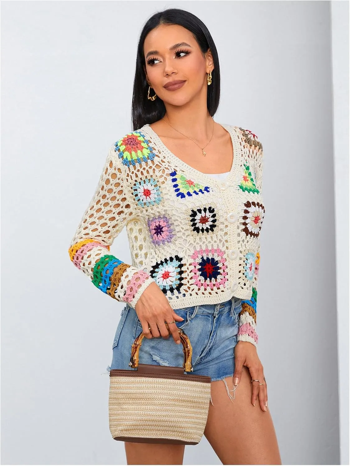 MakeMeChic Women's Floral Crochet Cardigan Sweater V Neck Button Down Long Sleeve Sheer Knitwear