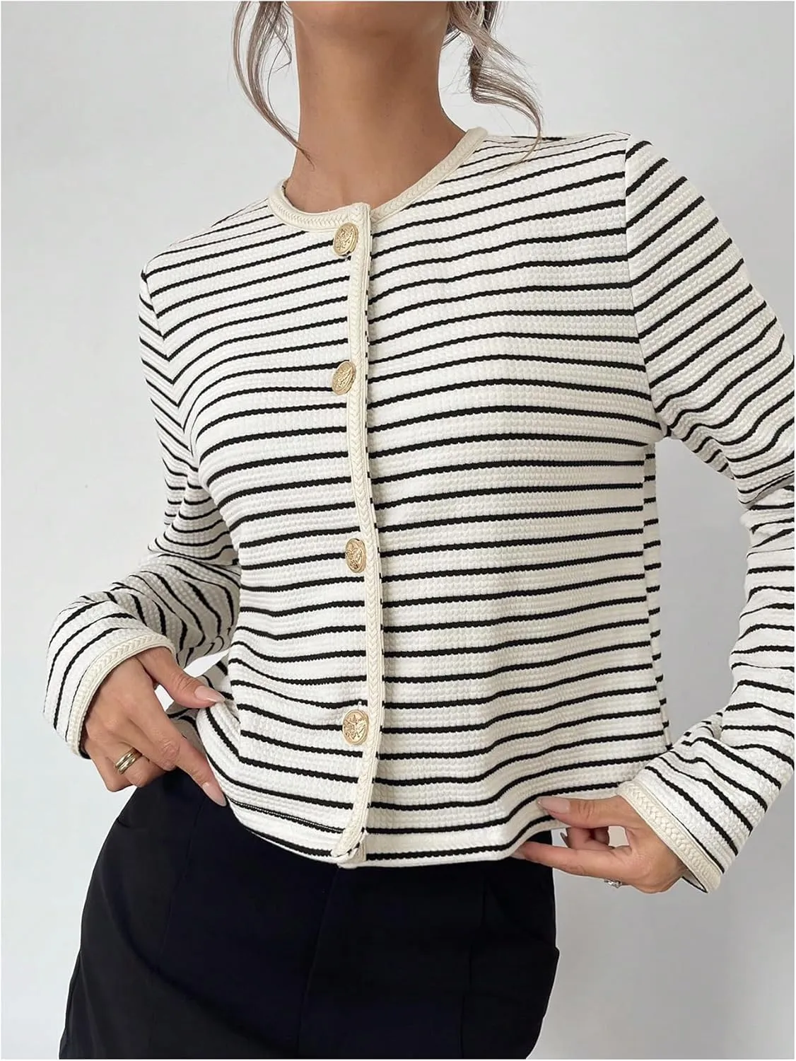 MakeMeChic Women's Striped Cropped Cardigan Sweater Round Neck Button Down Knitwear