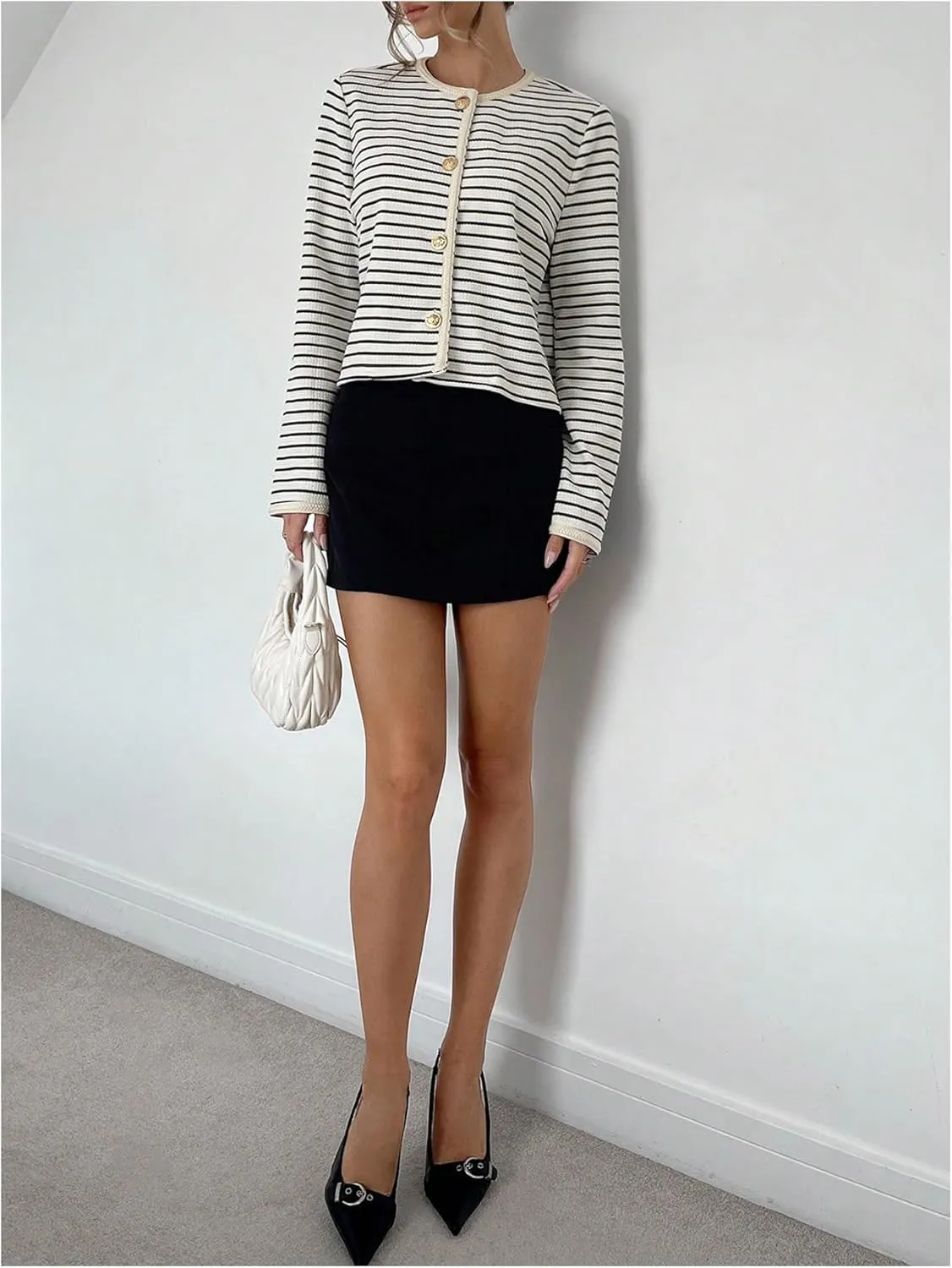 MakeMeChic Women's Striped Cropped Cardigan Sweater Round Neck Button Down Knitwear