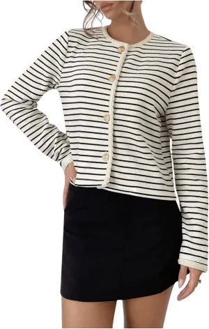MakeMeChic Women's Striped Cropped Cardigan Sweater Round Neck Button Down Knitwear