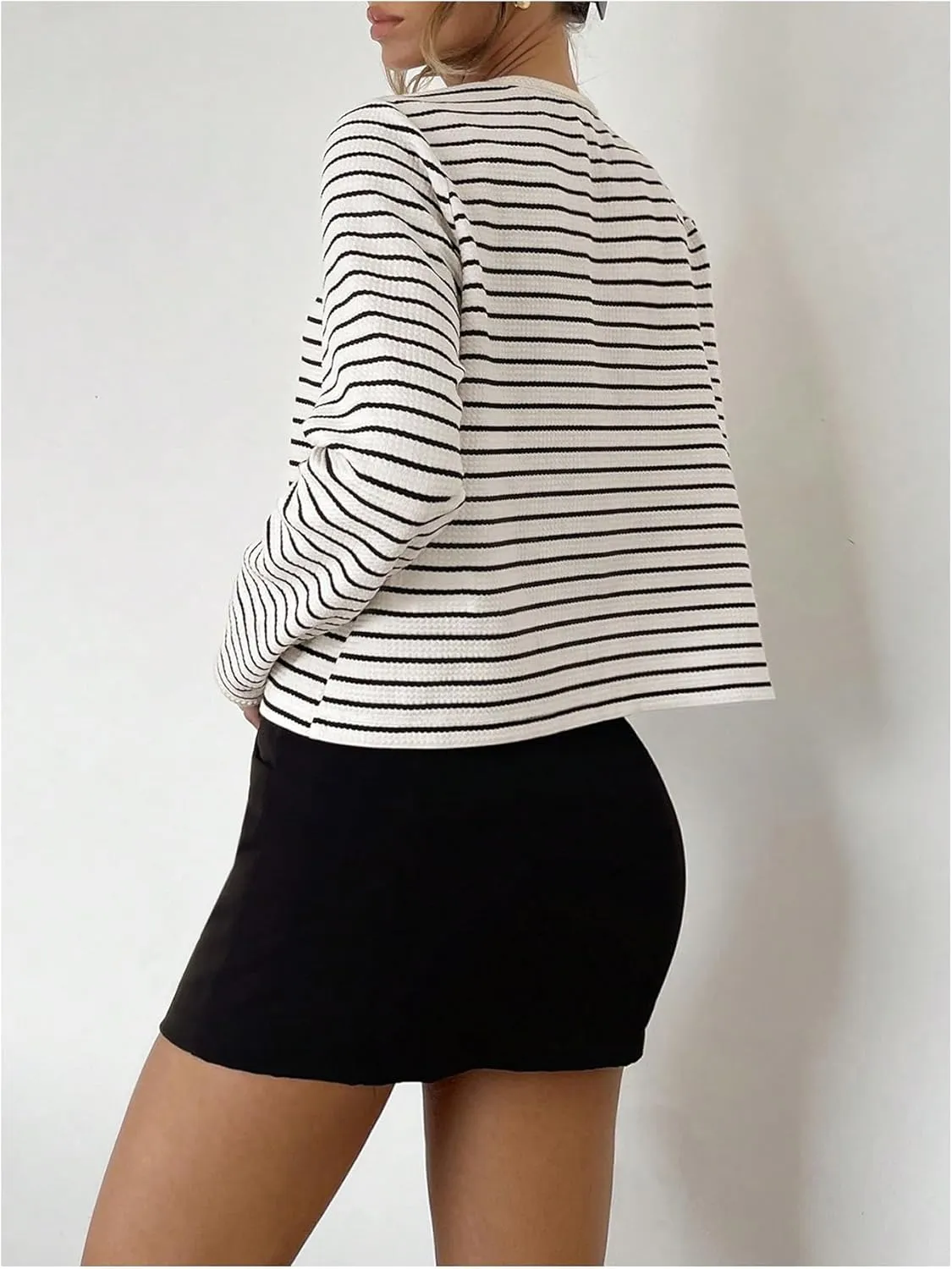 MakeMeChic Women's Striped Cropped Cardigan Sweater Round Neck Button Down Knitwear