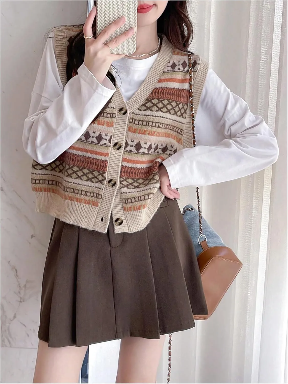 MakeMeChic Women's Striped Vest Button Down Sleeveless Crop Sweater Knitwear