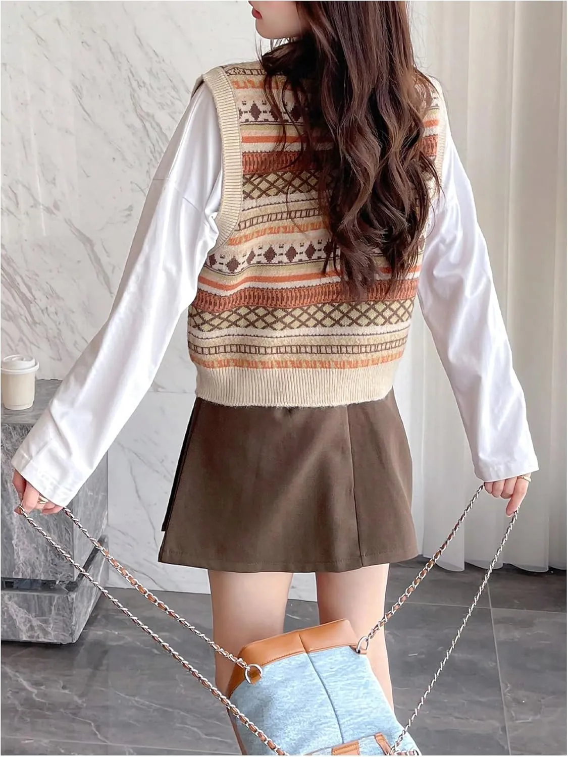 MakeMeChic Women's Striped Vest Button Down Sleeveless Crop Sweater Knitwear