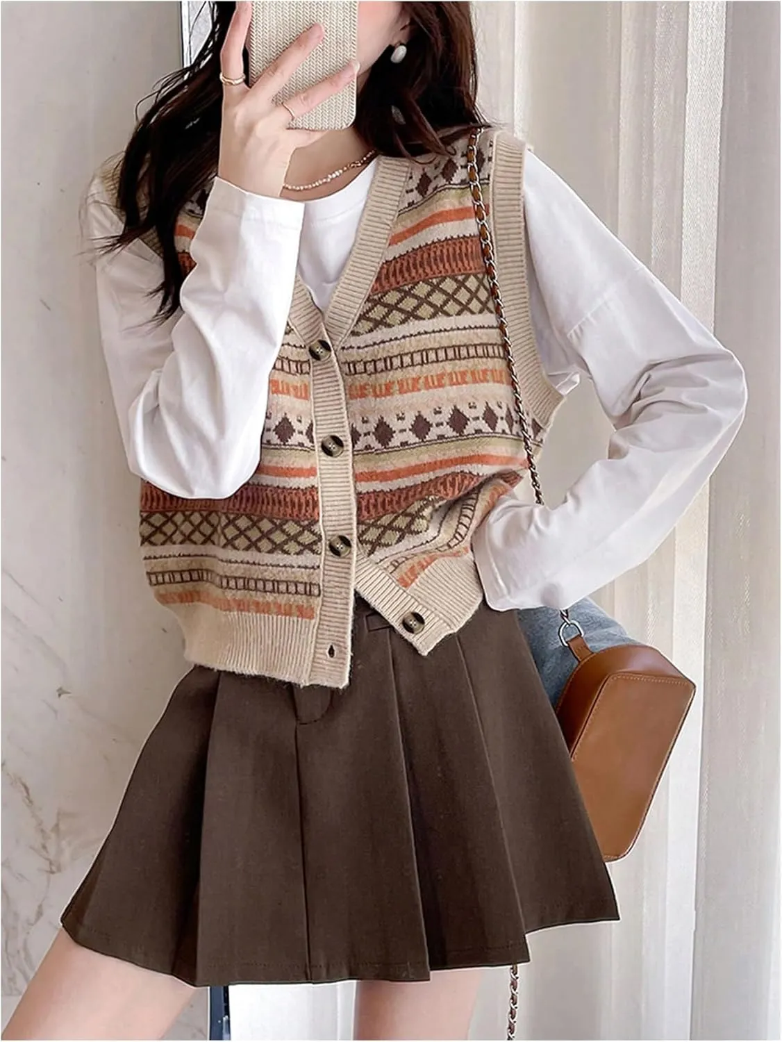 MakeMeChic Women's Striped Vest Button Down Sleeveless Crop Sweater Knitwear