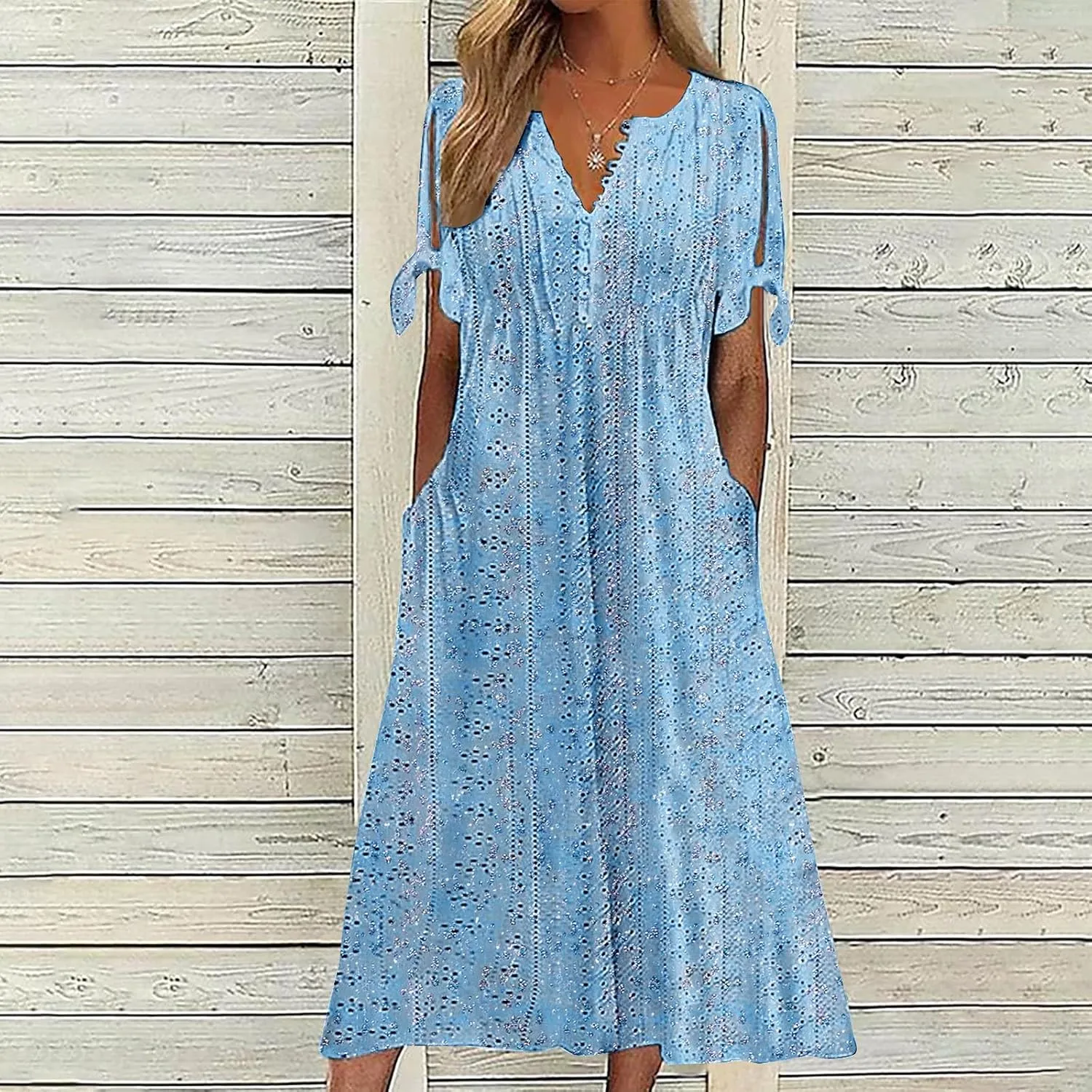 Maxi Dresses for Women 2025 Trendy Short Sleeve Eyelet Dress v Neck Floral Printed Dresses Summer Beach Dress