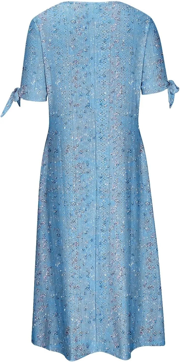 Maxi Dresses for Women 2025 Trendy Short Sleeve Eyelet Dress v Neck Floral Printed Dresses Summer Beach Dress
