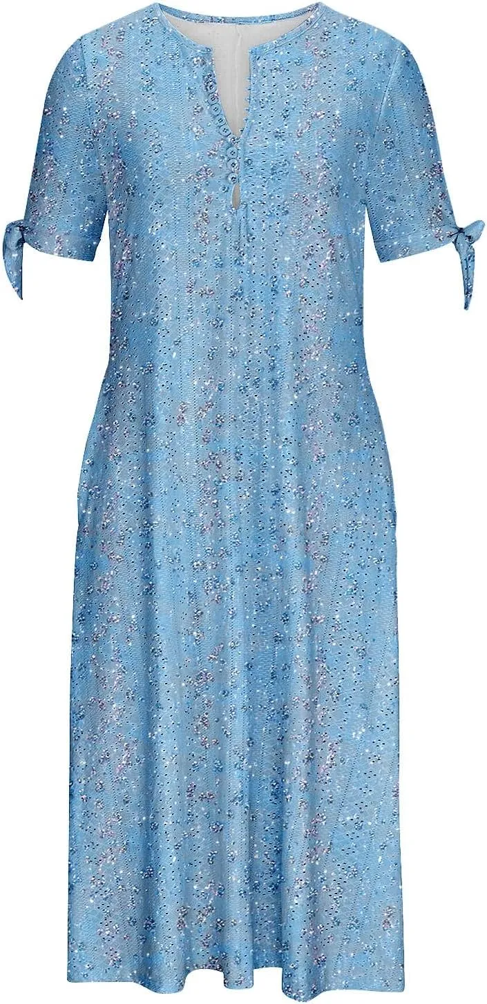 Maxi Dresses for Women 2025 Trendy Short Sleeve Eyelet Dress v Neck Floral Printed Dresses Summer Beach Dress