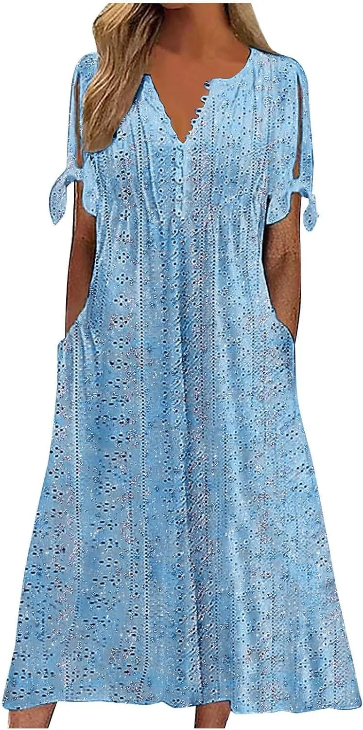Maxi Dresses for Women 2025 Trendy Short Sleeve Eyelet Dress v Neck Floral Printed Dresses Summer Beach Dress