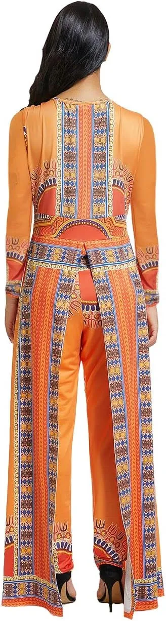 MENCCINO Jumpsuit for Women Elegant African Printed Skirts Overlay Long Romper Pants Suit