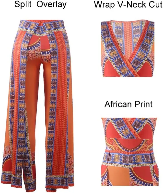 MENCCINO Jumpsuit for Women Elegant African Printed Skirts Overlay Long Romper Pants Suit