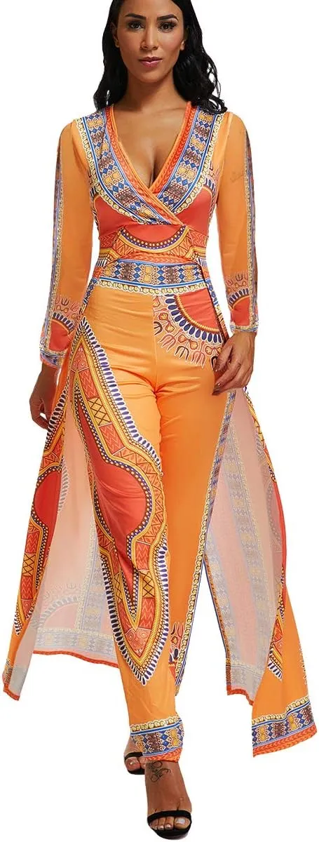 MENCCINO Jumpsuit for Women Elegant African Printed Skirts Overlay Long Romper Pants Suit