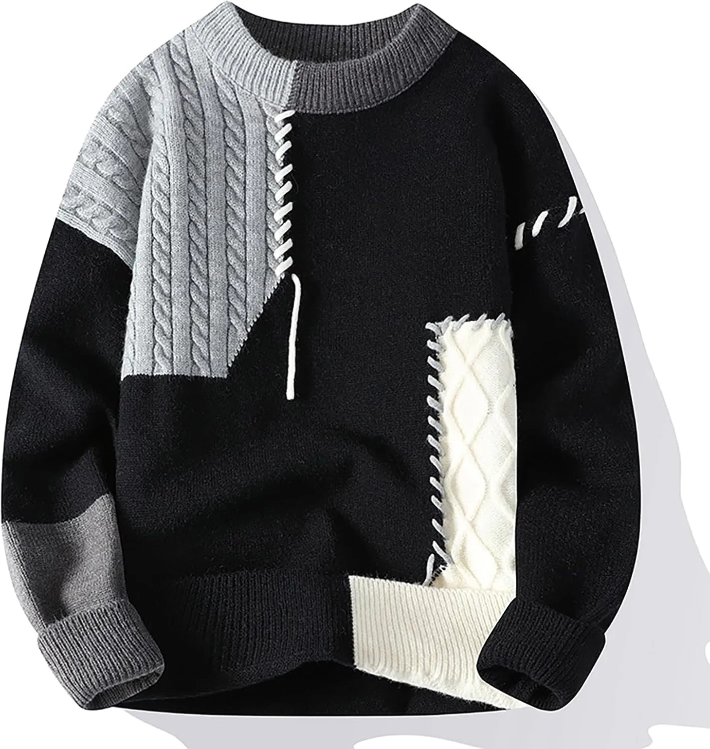 Mens Crewneck Sweater Pullover Color Block Patchwork Ribben Knited Sweaters Lightweight Long Sleeve Streetwear Tops
