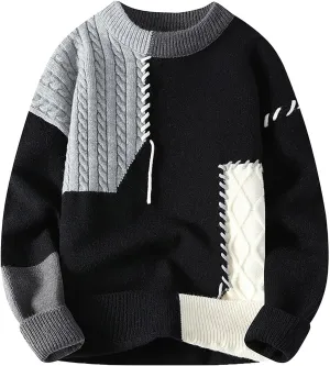Mens Crewneck Sweater Pullover Color Block Patchwork Ribben Knited Sweaters Lightweight Long Sleeve Streetwear Tops