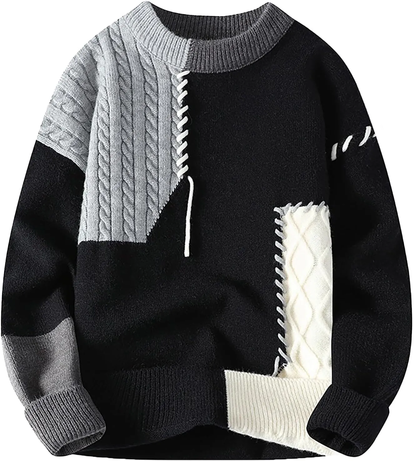Mens Crewneck Sweater Pullover Color Block Patchwork Ribben Knited Sweaters Lightweight Long Sleeve Streetwear Tops