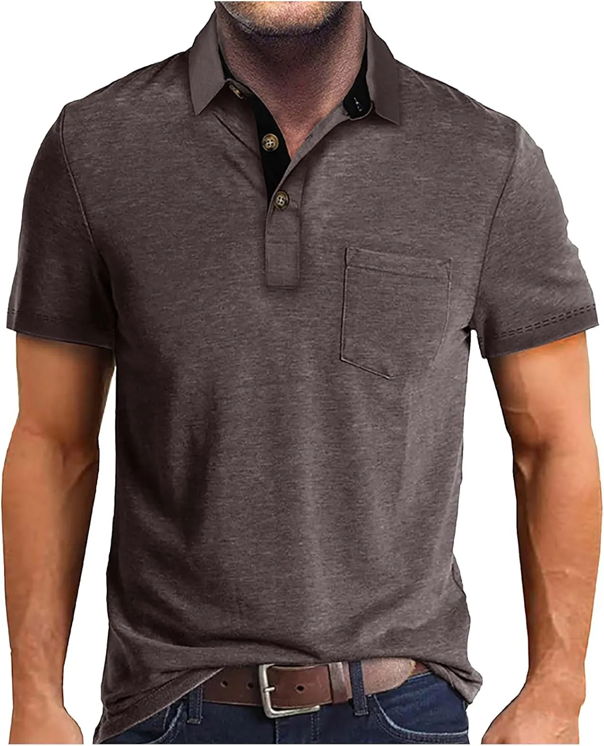 Mens Polo Shirts Classic Button Collared Short Sleeve Golf Shirts Casual Slim Fit Dress Polo T Shirts with Pockets