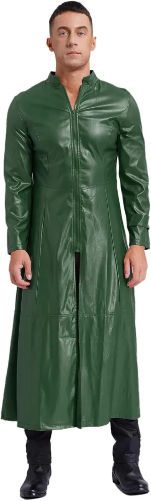Mens Steampunk Gothic Stand Collar Long Coat Casual Wear Faux Leather Trench Coat Outfits