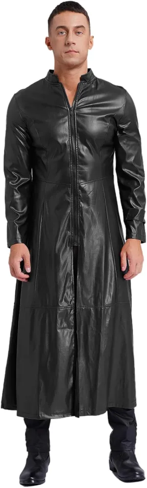 Mens Steampunk Gothic Stand Collar Long Coat Casual Wear Faux Leather Trench Coat Outfits
