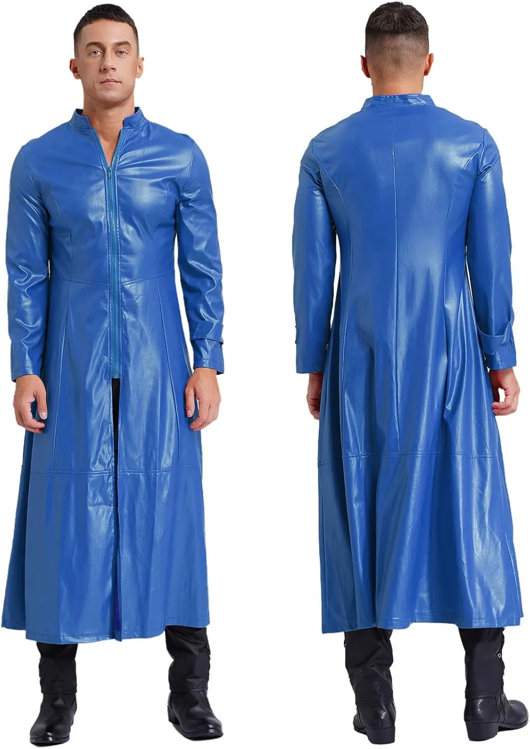 Mens Steampunk Gothic Stand Collar Long Coat Casual Wear Faux Leather Trench Coat Outfits