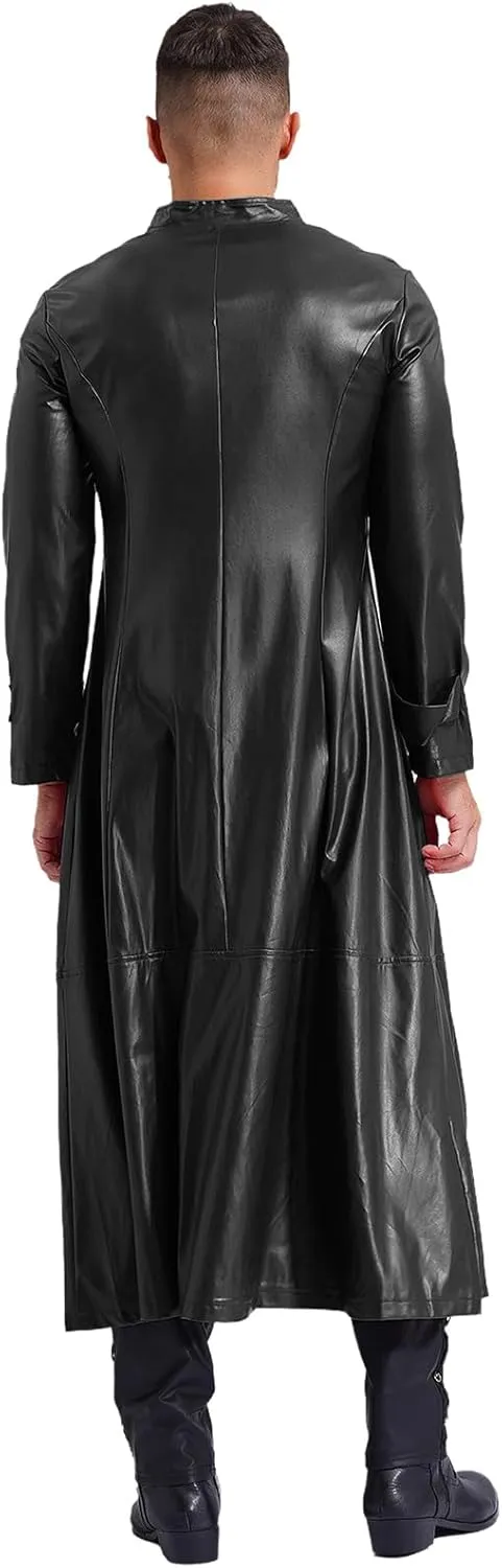 Mens Steampunk Gothic Stand Collar Long Coat Casual Wear Faux Leather Trench Coat Outfits