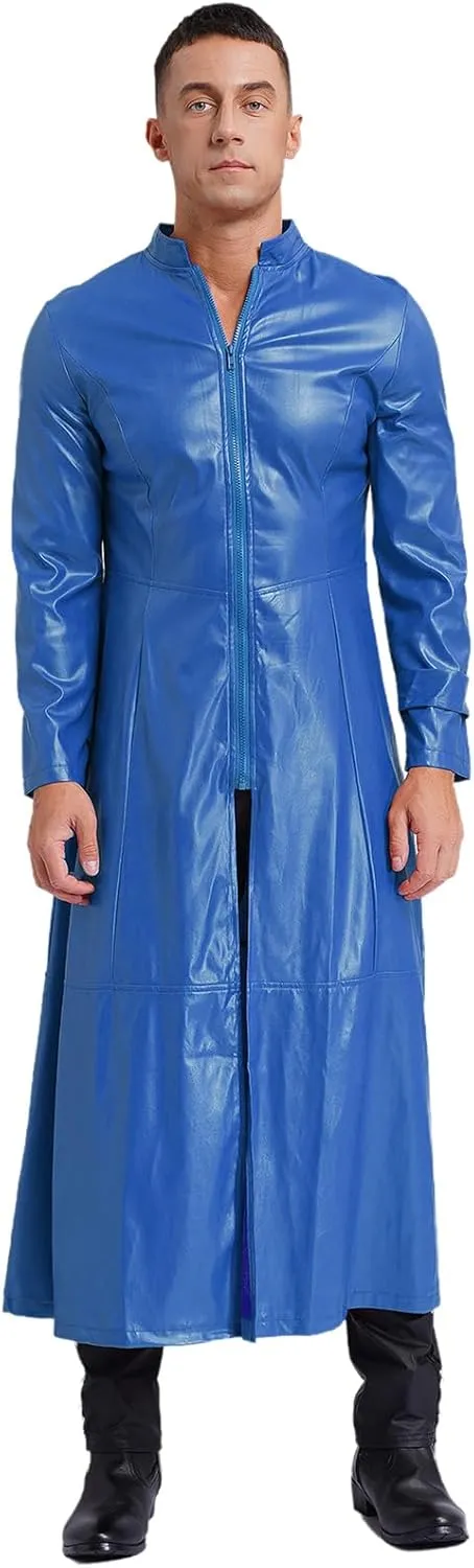 Mens Steampunk Gothic Stand Collar Long Coat Casual Wear Faux Leather Trench Coat Outfits