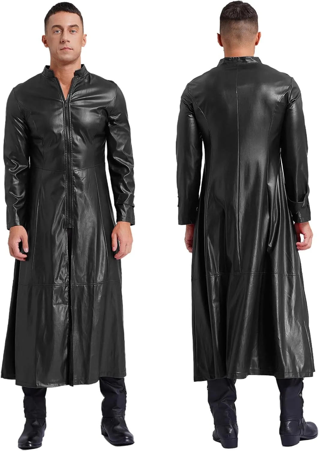 Mens Steampunk Gothic Stand Collar Long Coat Casual Wear Faux Leather Trench Coat Outfits