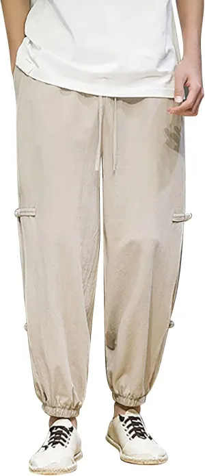 Mens Stylish Joggers Side Frog-Button Causal Elastic Waist Harem Pants Loose Fit Beach Boho Yoga Hippie Trousers with Pockets