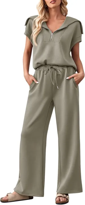 MEROKEETY Women 2 Piece Set Summer Outfits Sweatsuit Half Zip Cap Sleeve Sweatshirt Wide Leg Sweatpant Tracksuit Sets