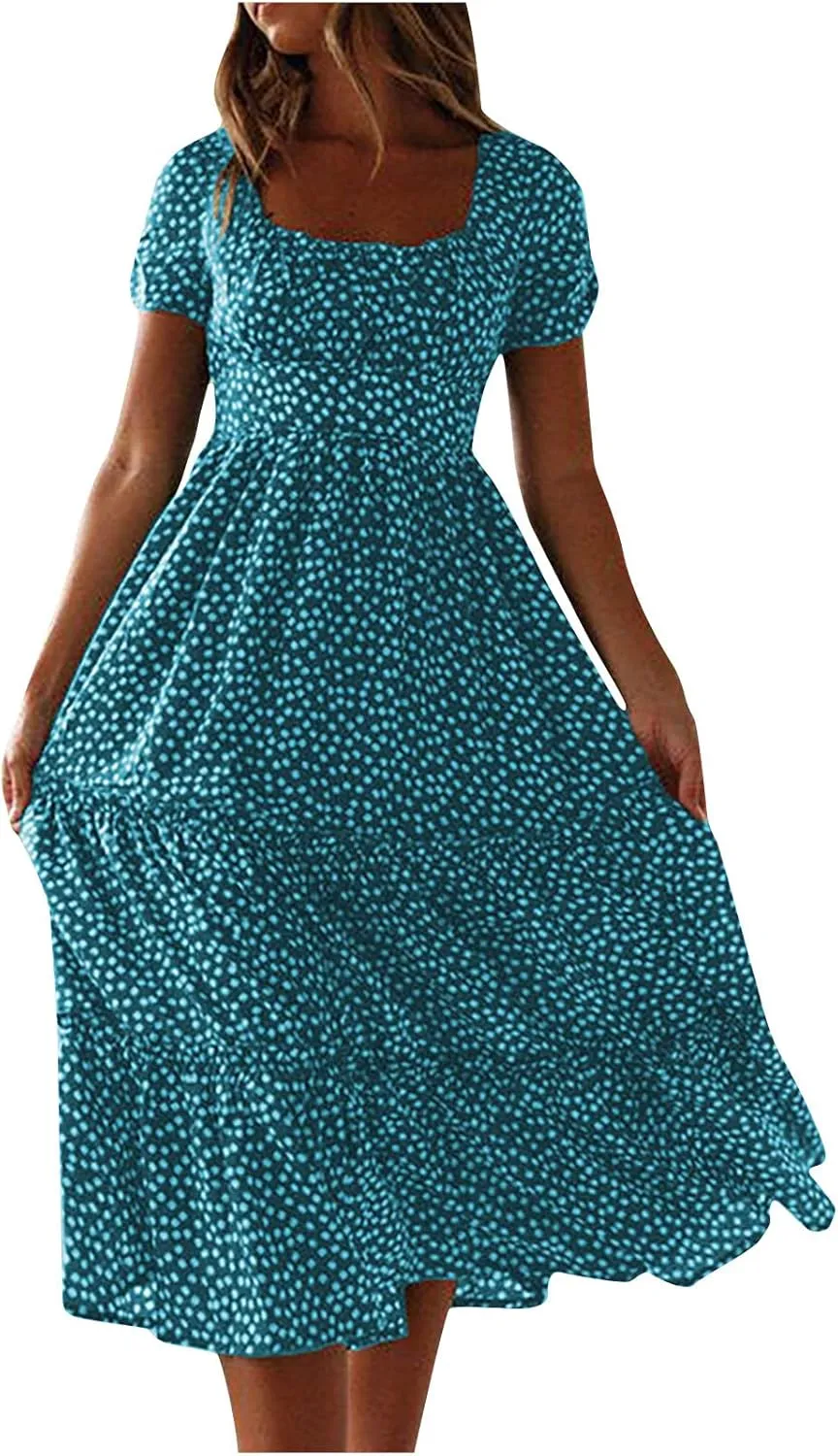 Midi Dresses for Women Floral Boho Beach Dress Casual Summer Sundresses High Waisted A Line Wedding Guest Party Dress