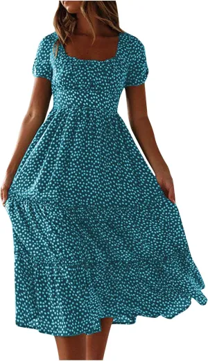 Midi Dresses for Women Floral Boho Beach Dress Casual Summer Sundresses High Waisted A Line Wedding Guest Party Dress
