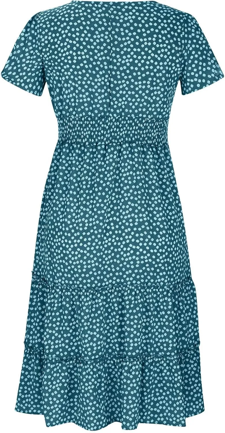 Midi Dresses for Women Floral Boho Beach Dress Casual Summer Sundresses High Waisted A Line Wedding Guest Party Dress