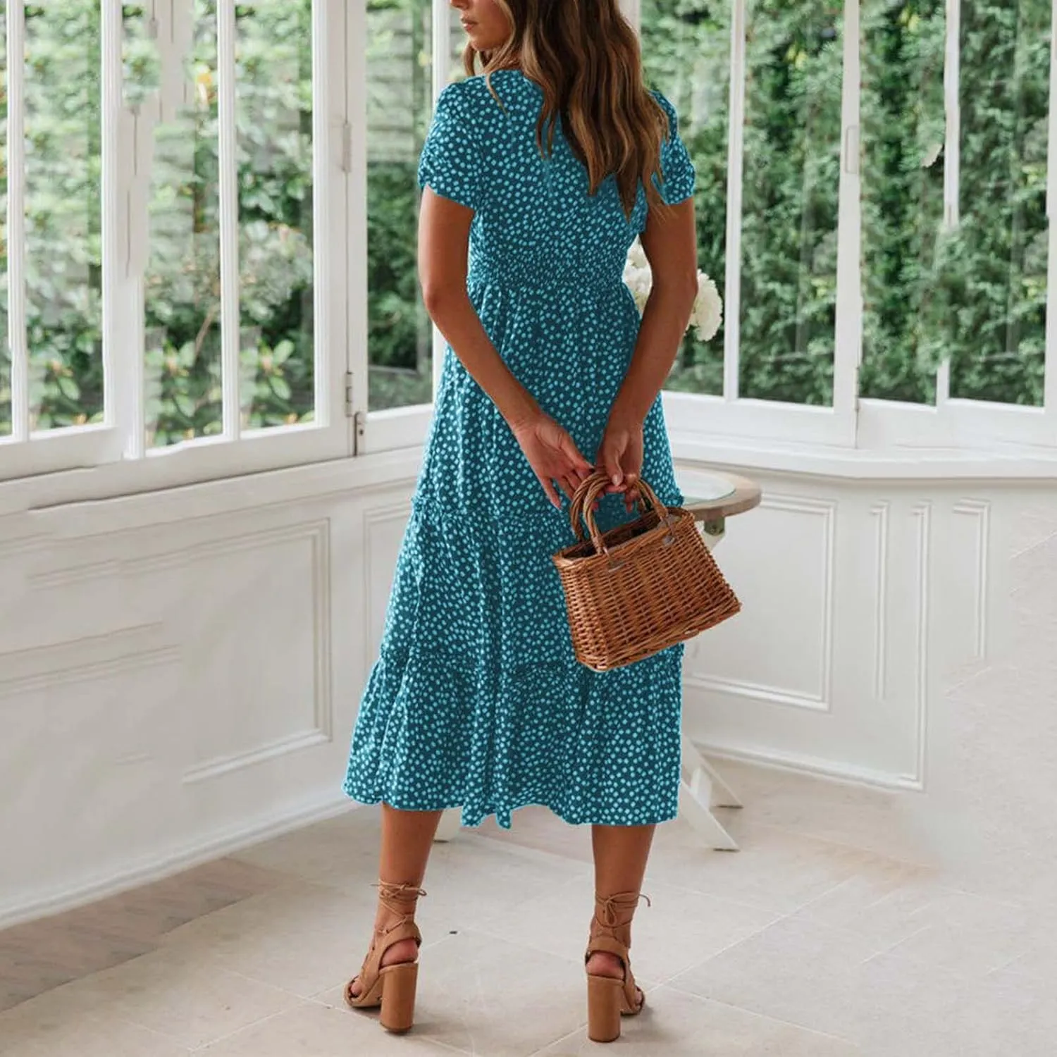Midi Dresses for Women Floral Boho Beach Dress Casual Summer Sundresses High Waisted A Line Wedding Guest Party Dress