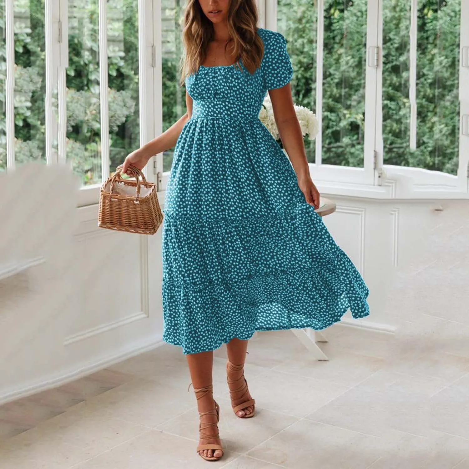Midi Dresses for Women Floral Boho Beach Dress Casual Summer Sundresses High Waisted A Line Wedding Guest Party Dress