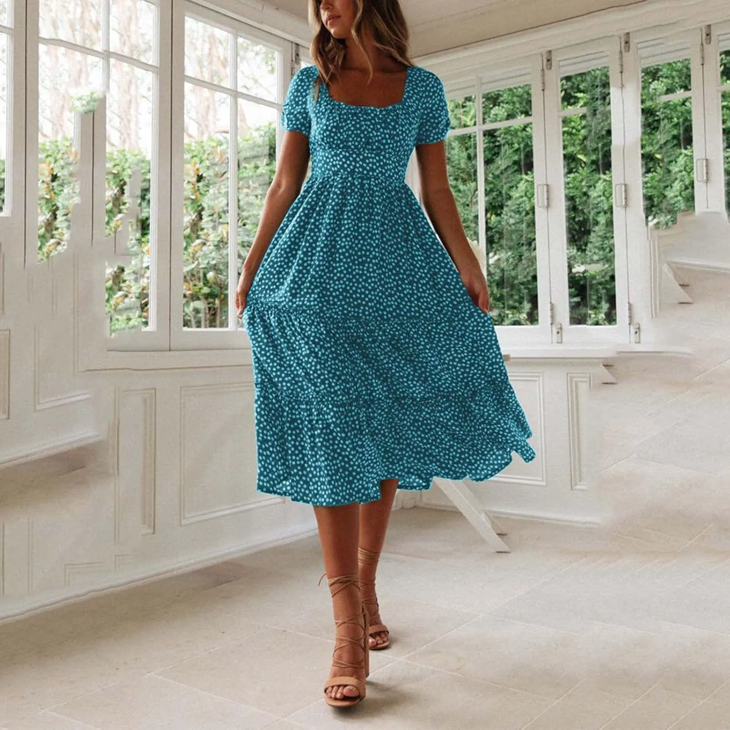 Midi Dresses for Women Floral Boho Beach Dress Casual Summer Sundresses High Waisted A Line Wedding Guest Party Dress