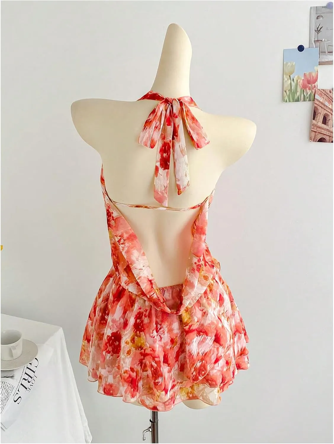 Milumia Women's Floral Halter Mini Dress Draped Neack Ruffle Backless Short Dresses