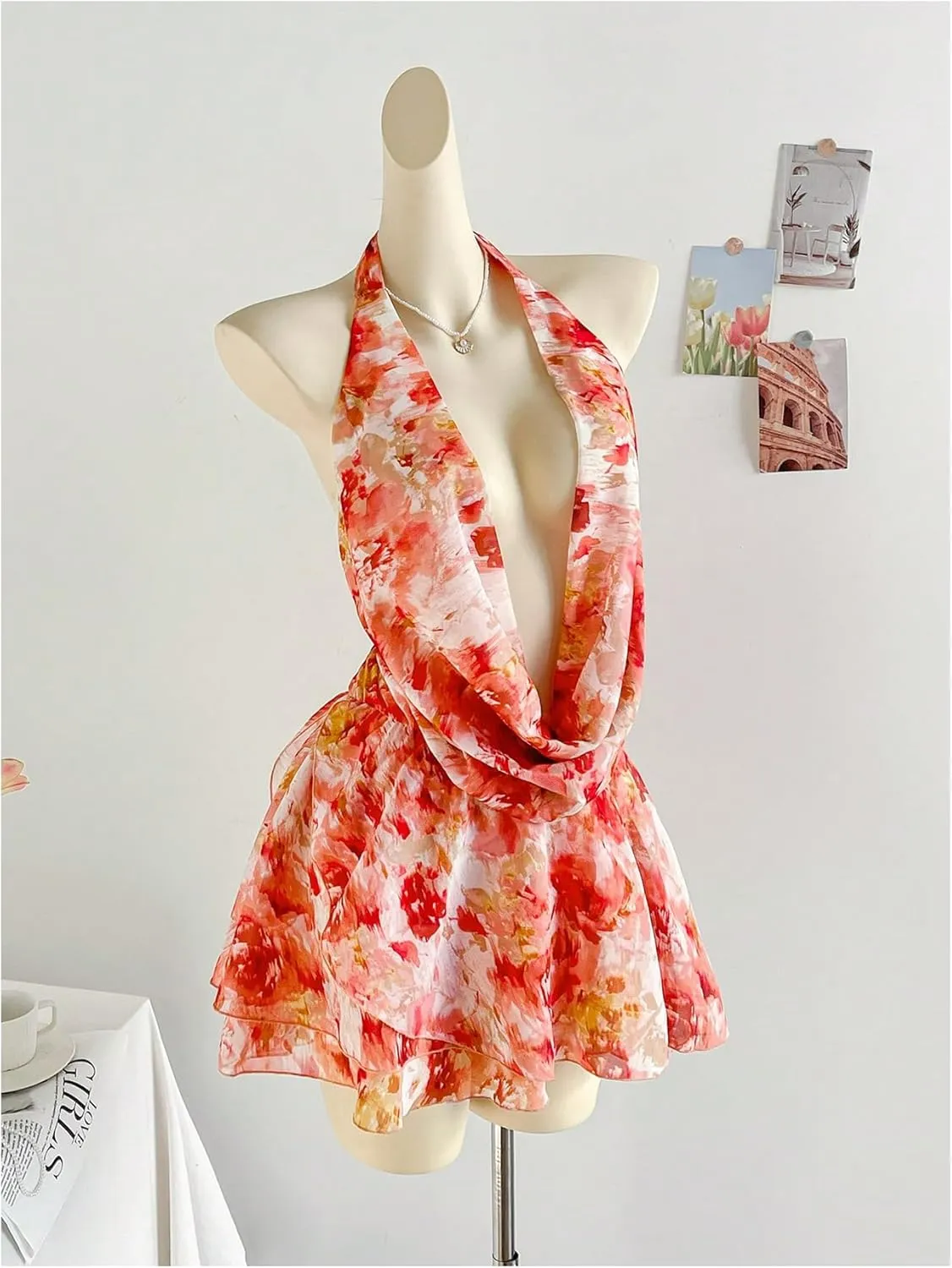 Milumia Women's Floral Halter Mini Dress Draped Neack Ruffle Backless Short Dresses
