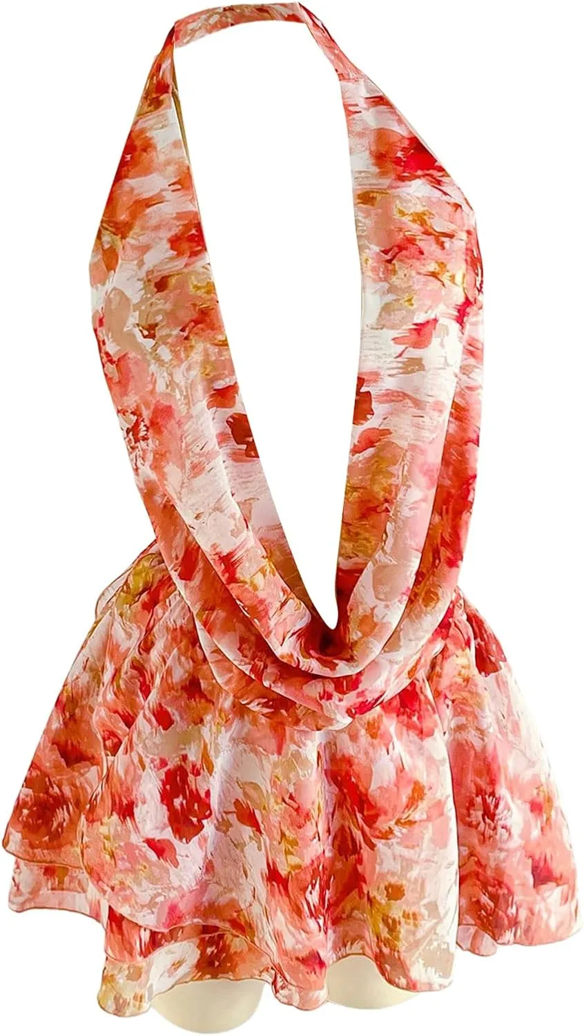 Milumia Women's Floral Halter Mini Dress Draped Neack Ruffle Backless Short Dresses