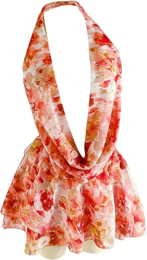 Milumia Women's Floral Halter Mini Dress Draped Neack Ruffle Backless Short Dresses