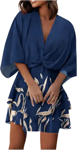 Mini Dresses for Women Summer Boho Floral V Neck Batwing Sleeve Tiered Ruffle Dress Empire Waist Flowy A Line Vacation Dress