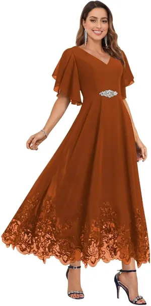 Mother of The Bride Dresses with Sleeves Lace V Neck Chiffon Evening Dresses for Women Tea Length