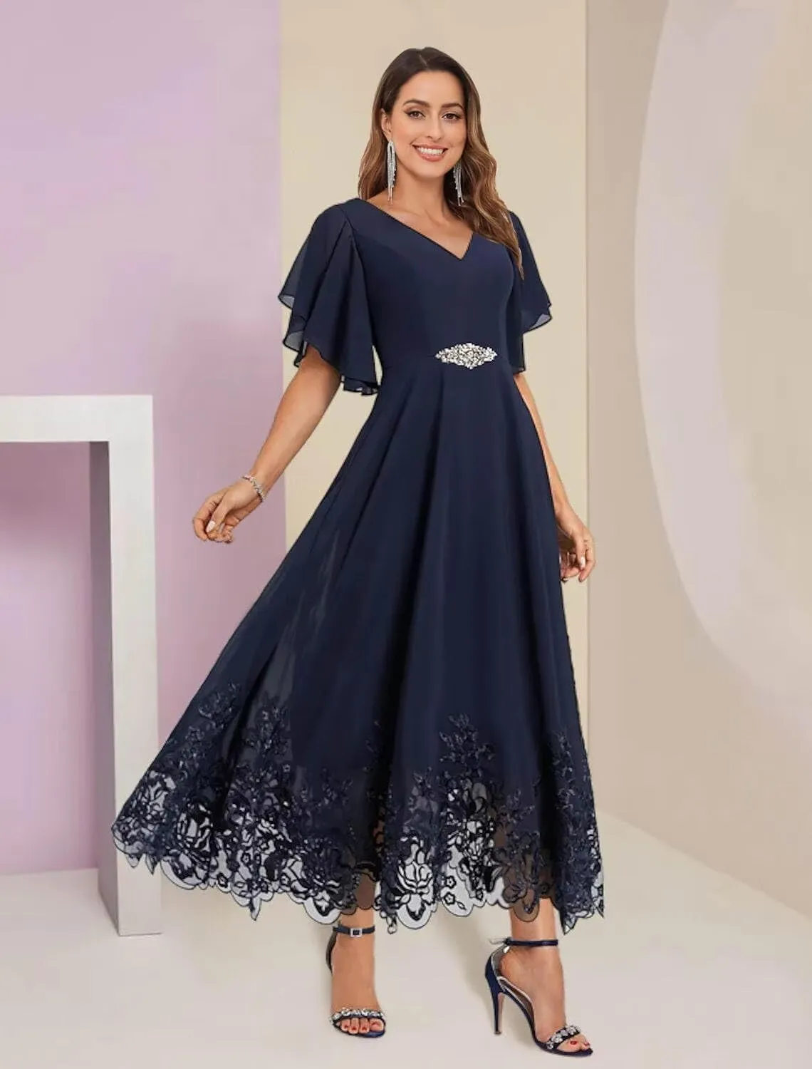 Mother of The Bride Dresses with Sleeves Lace V Neck Chiffon Evening Dresses for Women Tea Length