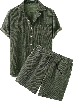 NaRHbrg Men's Casual Corduroy Shirts Sets Short Sleeve Shorts Suit 2-Piece Outfit T-Shirt and Shorts Set Loungewear