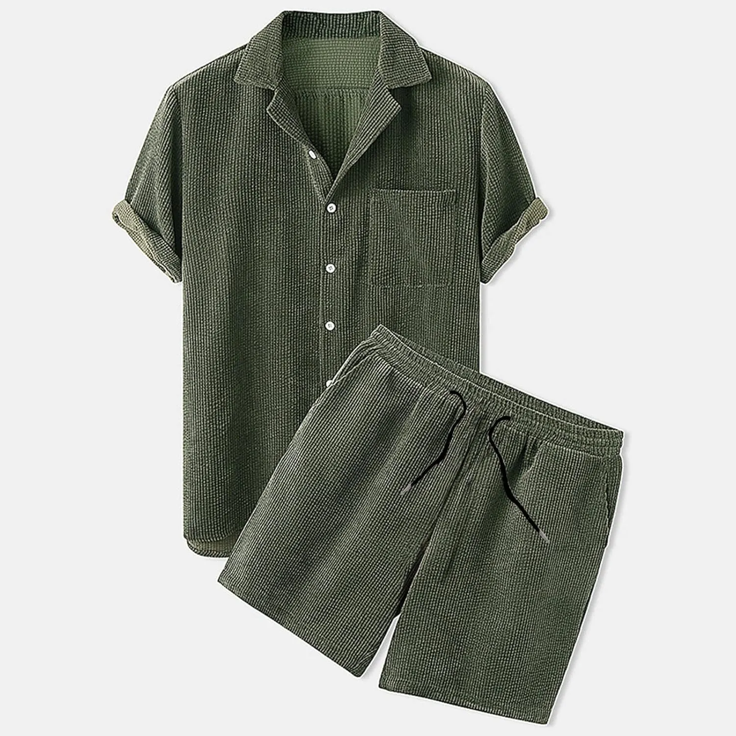 NaRHbrg Men's Casual Corduroy Shirts Sets Short Sleeve Shorts Suit 2-Piece Outfit T-Shirt and Shorts Set Loungewear