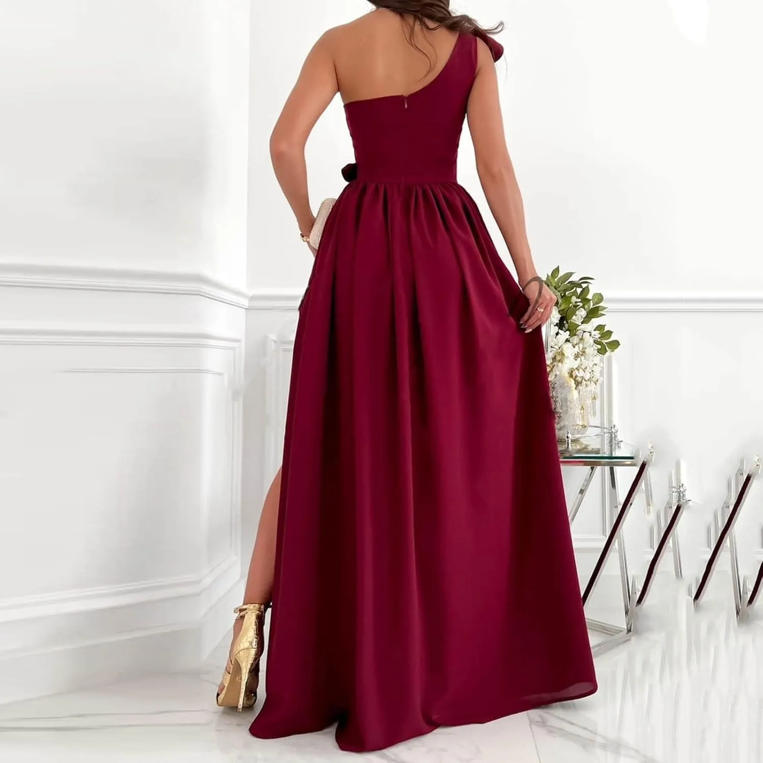 NaRHbrg Women One Shoulder Maxi Dress Elegant Ruffle Formal Evening Dress High Slit Long Party Gown Sleeveless Summer Dresses