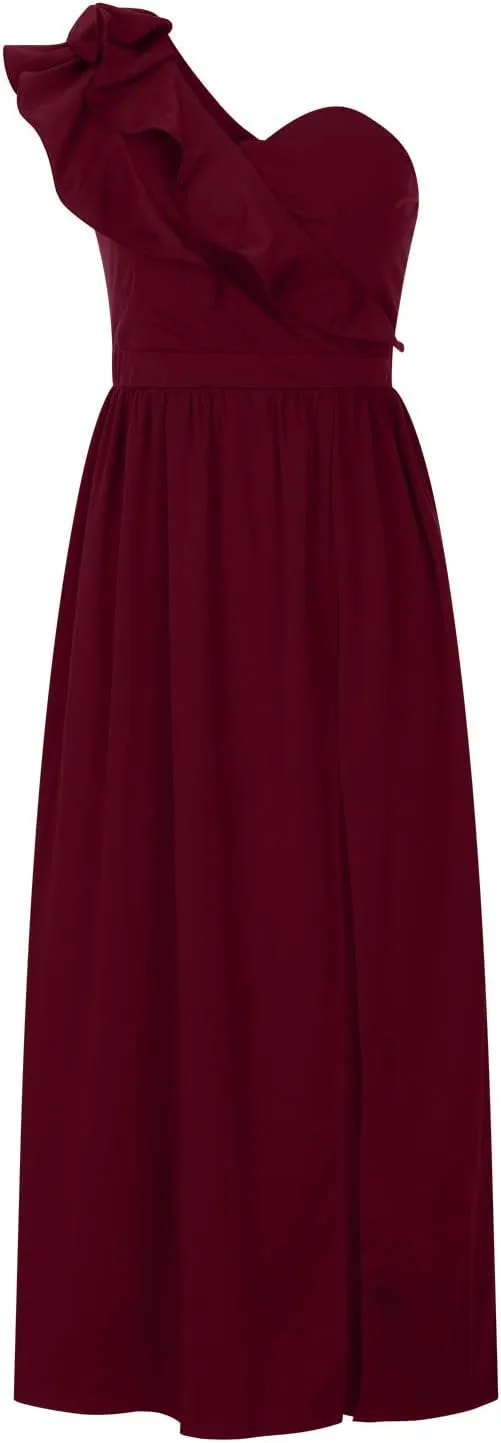NaRHbrg Women One Shoulder Maxi Dress Elegant Ruffle Formal Evening Dress High Slit Long Party Gown Sleeveless Summer Dresses