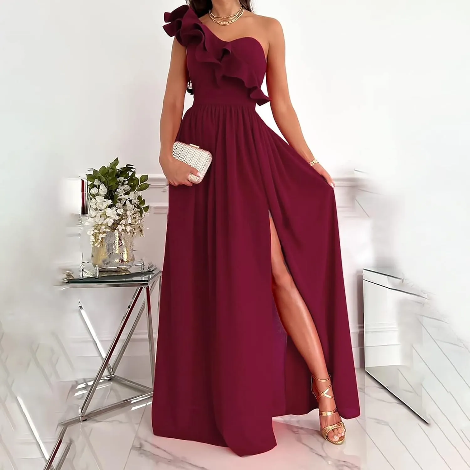 NaRHbrg Women One Shoulder Maxi Dress Elegant Ruffle Formal Evening Dress High Slit Long Party Gown Sleeveless Summer Dresses